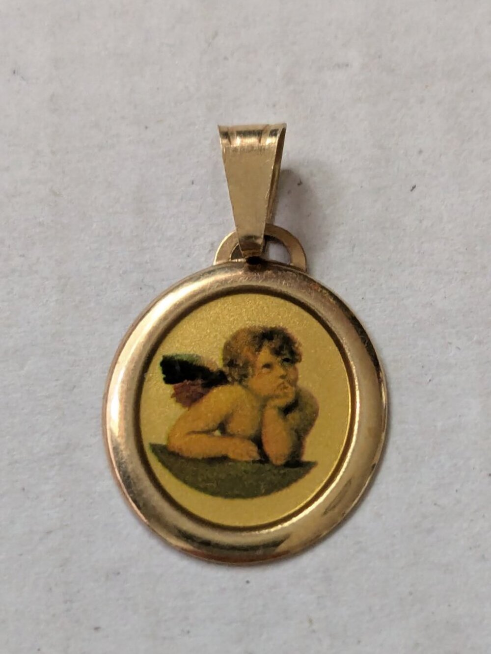 OR 14KT Yellow Gold 585 Italy Raphael Sistine Cherub Enamel Pendant 1g
